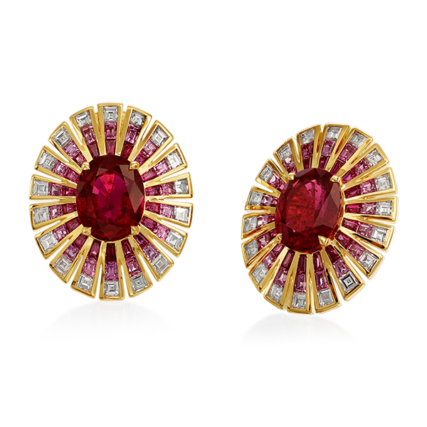 18K Rubellite, Pink Sapphire, Ruby and Diamond Oval Earrings